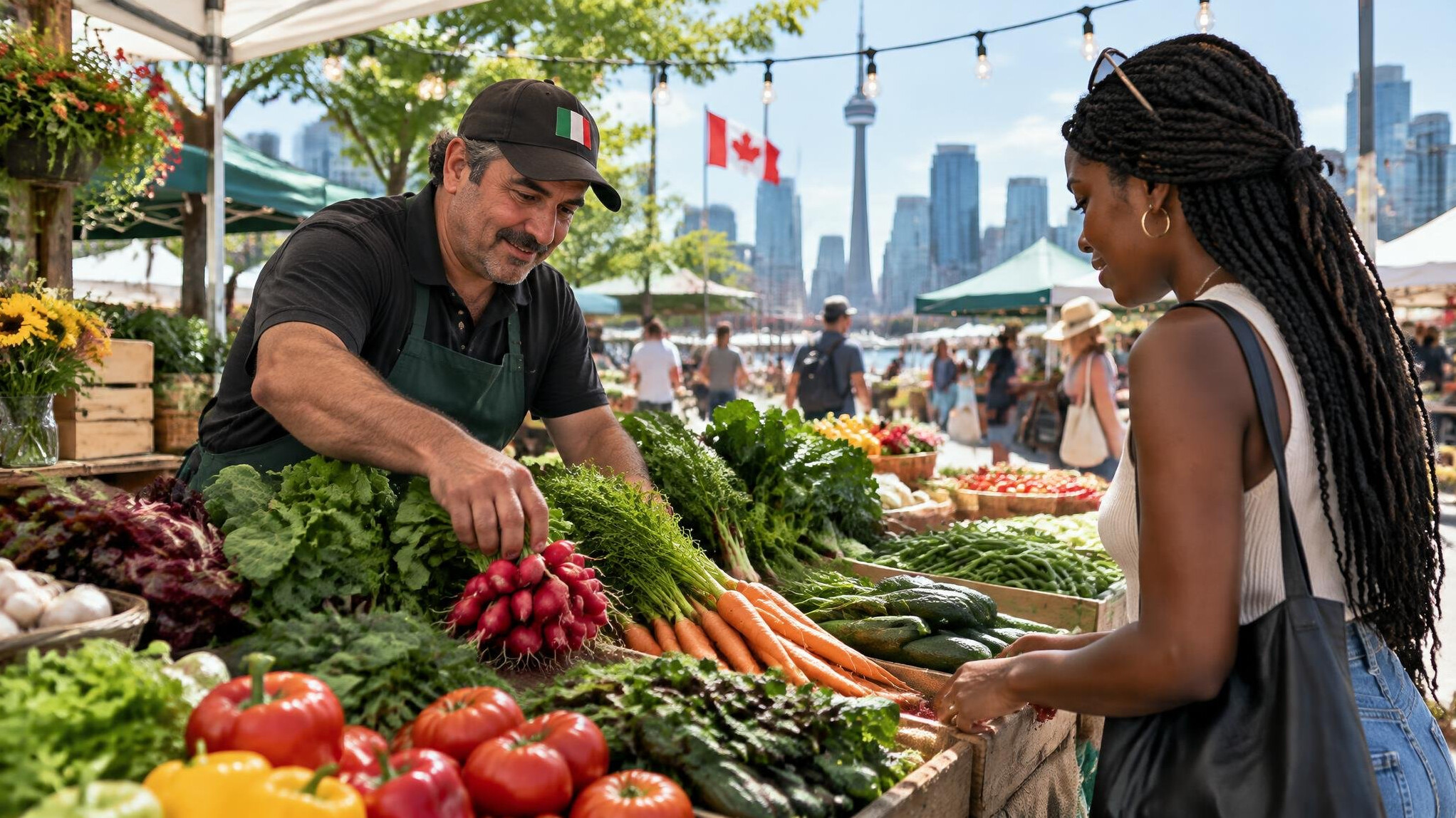Vendors and shoppers at an outdoor city farmers market