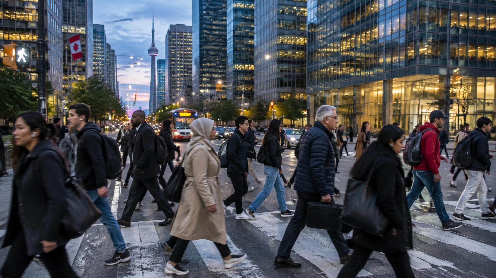 Pedestrians crossing a busy downtown street in a Canadian city