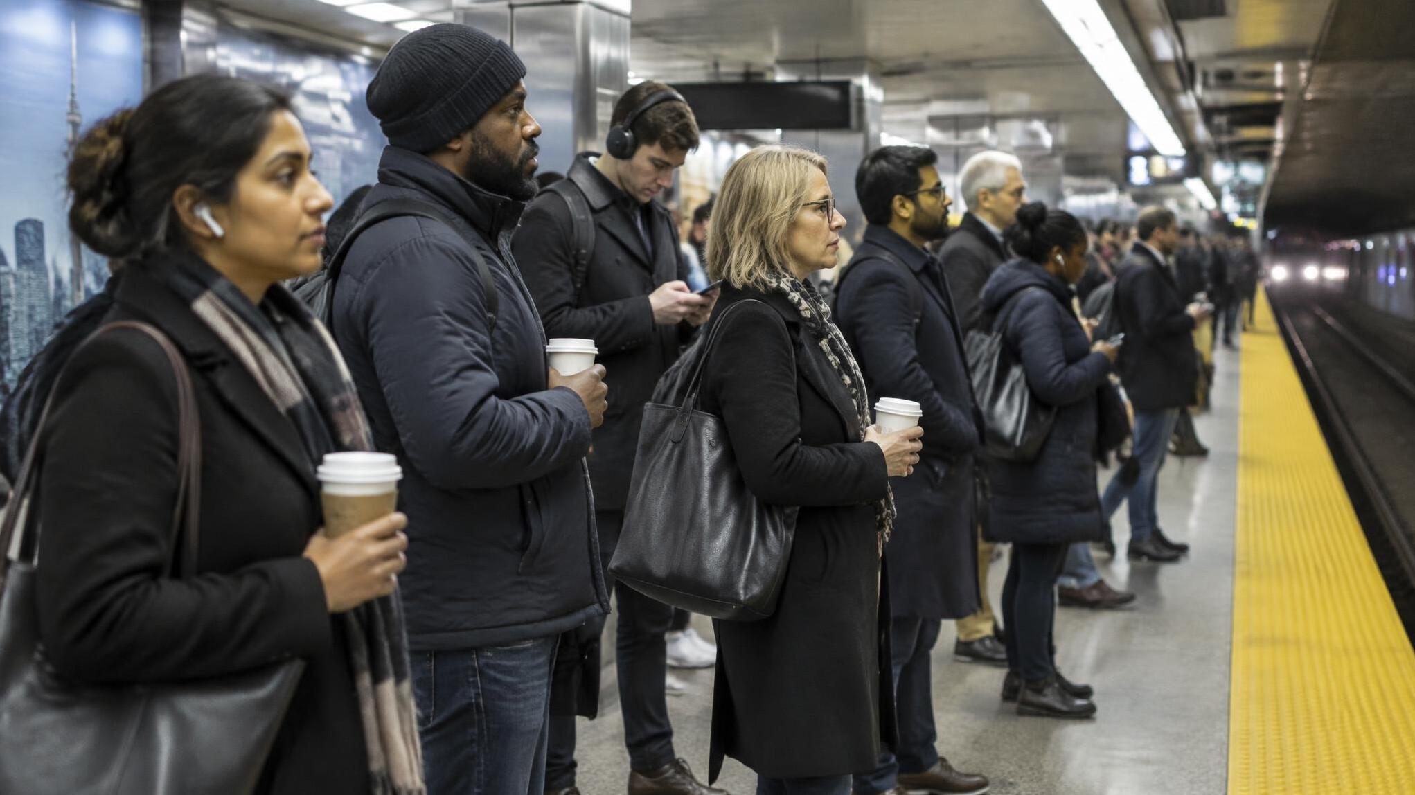 Commuters waiting on a subway platform in the morning