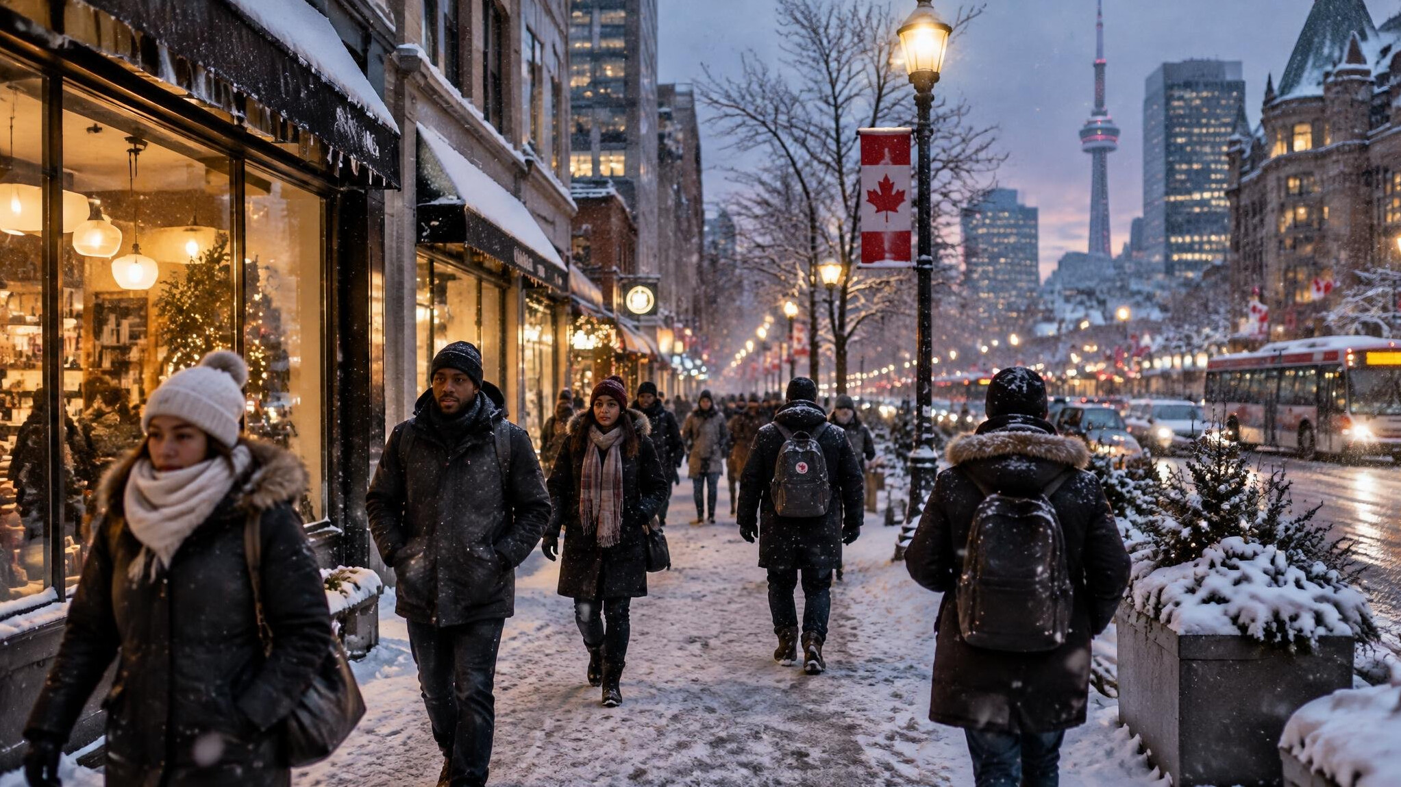 Pedestrians walking down a snow-covered city street
