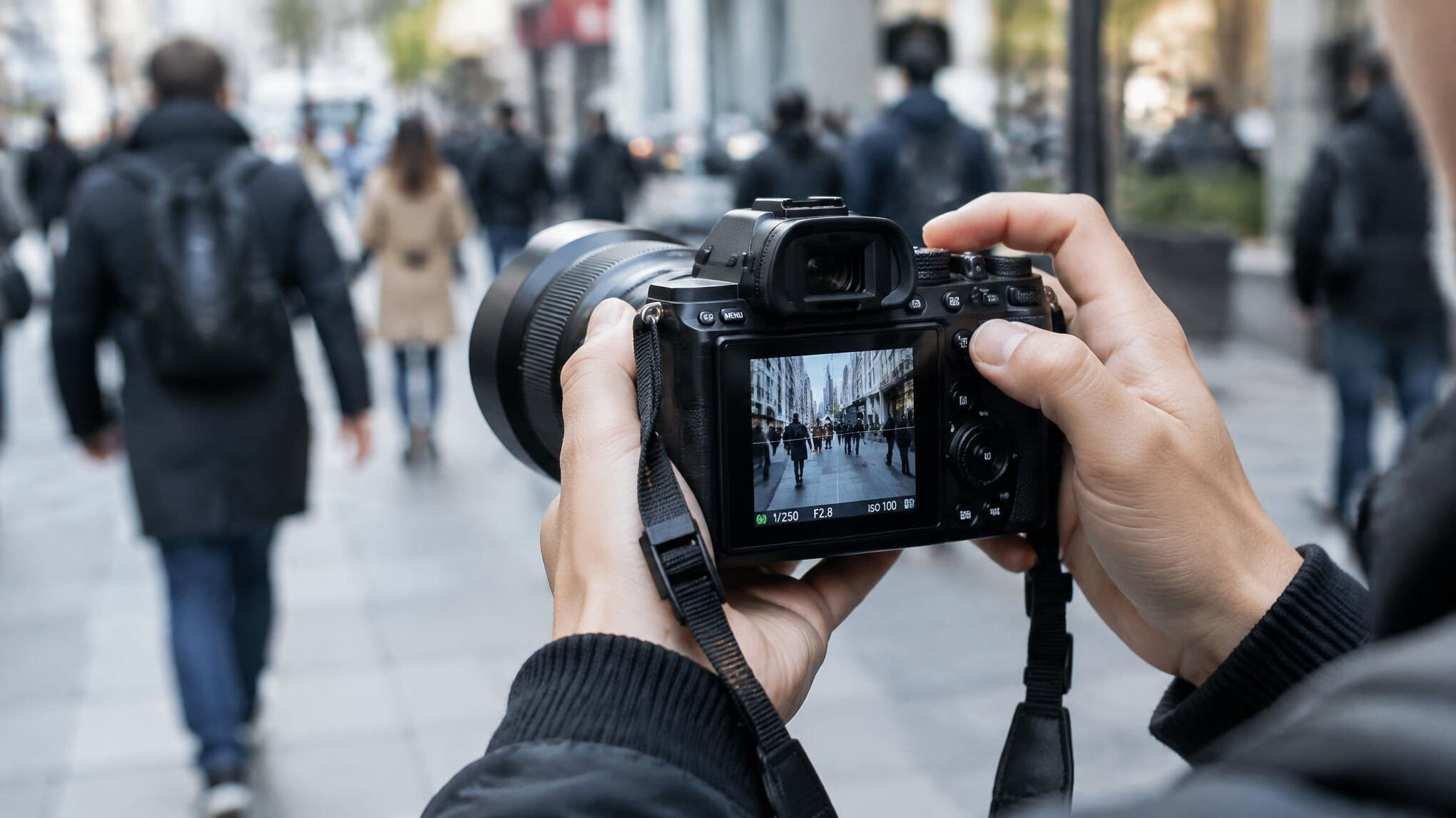 Photographer adjusting a camera while shooting on a city street