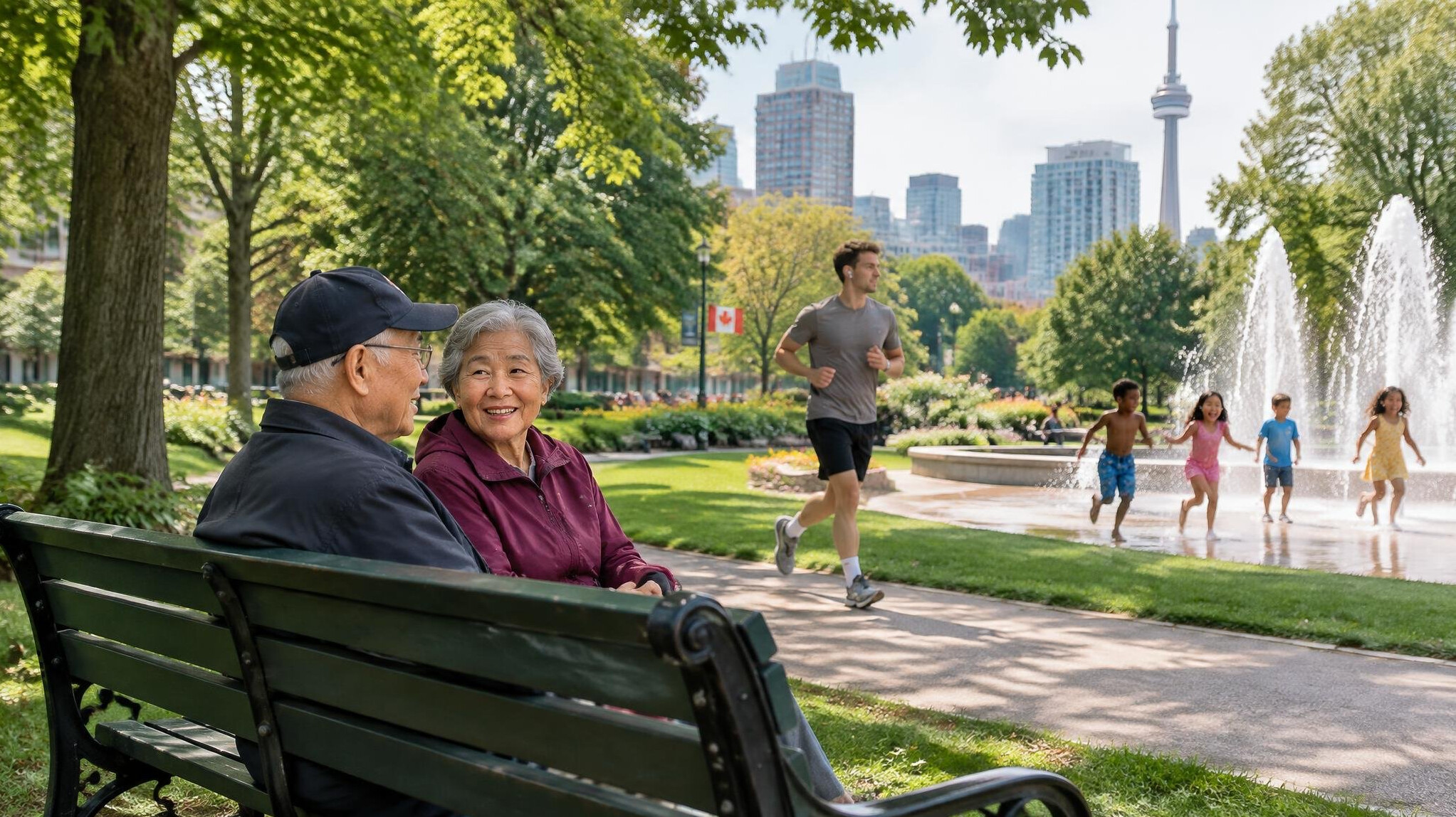 People relaxing in a downtown city park on a sunny afternoon