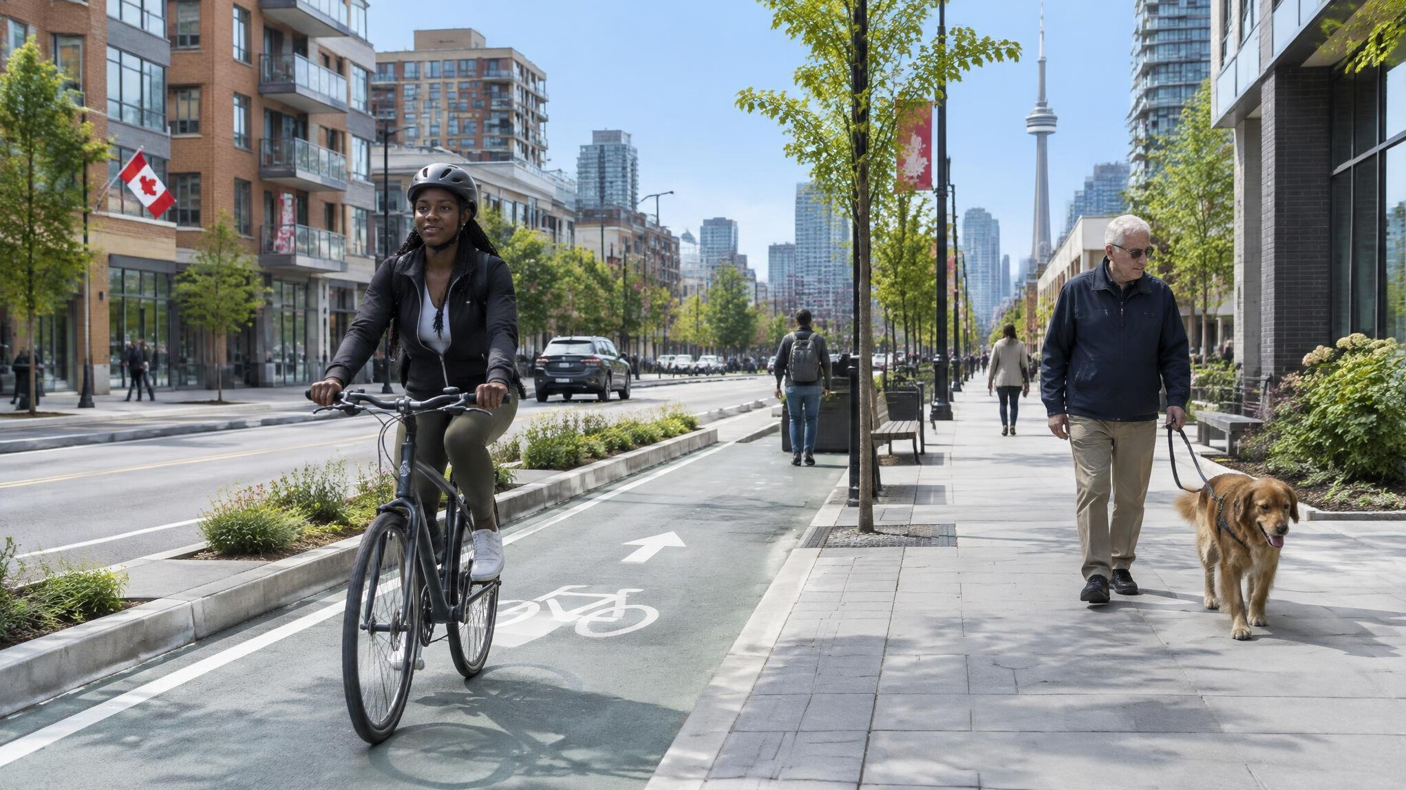Cyclists and pedestrians sharing a downtown city street